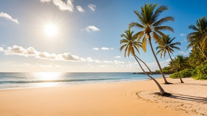Obraz premium Tropical Beach with Palm Trees and Golden Sand at Sunrise
