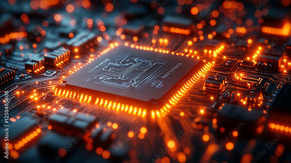 Poster abstract technology background digital circuit board glowing orange lines modern processor powerful