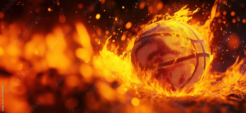 Poster basketball engulfed in flames with fiery background creating intense visual impact, copy space for t
