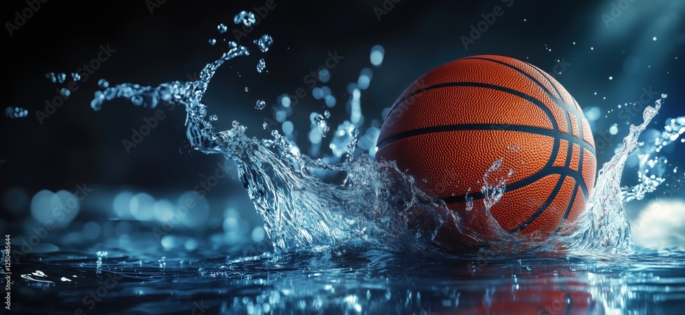Poster basketball splashing in water creating dynamic motion and vibrant visuals, copy space for text