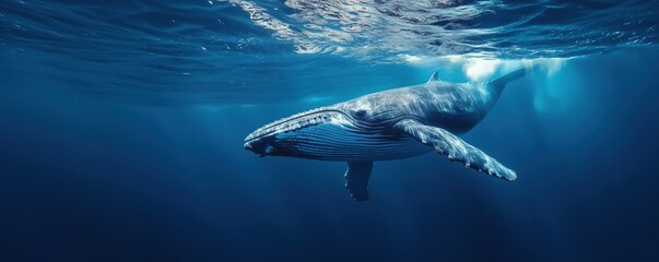 Fototapeta premium Humpback whale swimming gracefully in deep blue ocean waters, copy space for text