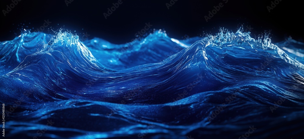 Poster dynamic ocean waves with shimmering blue tones and intricate textures, copy space for text