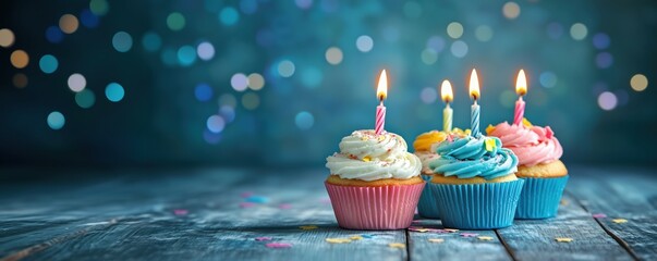 Colorful birthday cupcakes with candles and festive bokeh background, copy space for text