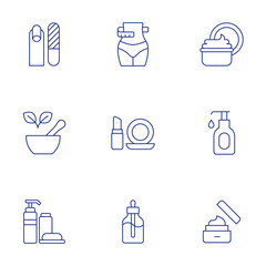 Beauty icons set. Thin Line style, editable stroke. diet, skincare, shampoo, manicure, mortar, personal hygiene, make up, essential oil, lotion