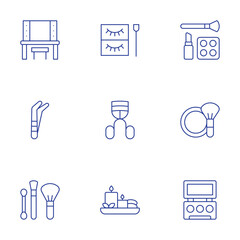Beauty icons set. Thin Line style, editable stroke. dressing room, eyelashes, eyelash curler, make up, tweezers, eye shadow, makeup, spa