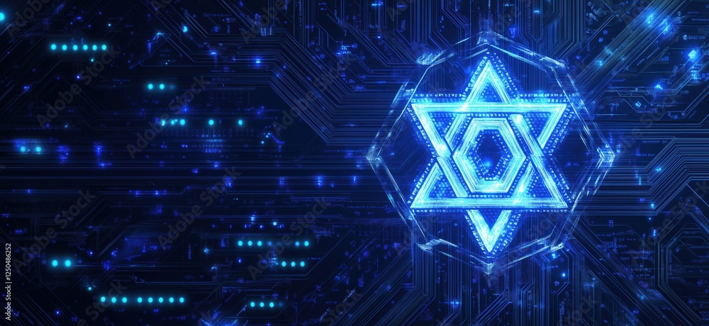 Poster blue glowing star of david symbol on digital circuit background with technology elements, copy space