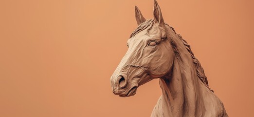 Clay sculpture of a horse head showcasing intricate details and craftsmanship, copy space for text
