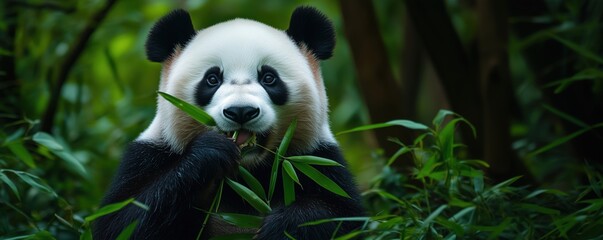 Giant panda eating bamboo in lush green forest habitat, copy space for text