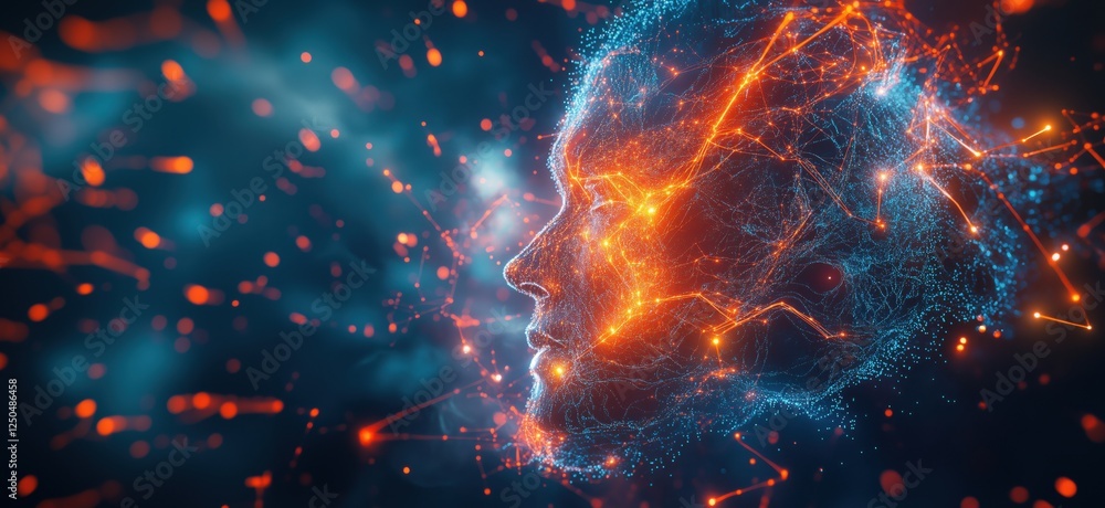 Aufkleber digital representation of human face with glowing neural connections and energy patterns, copy space