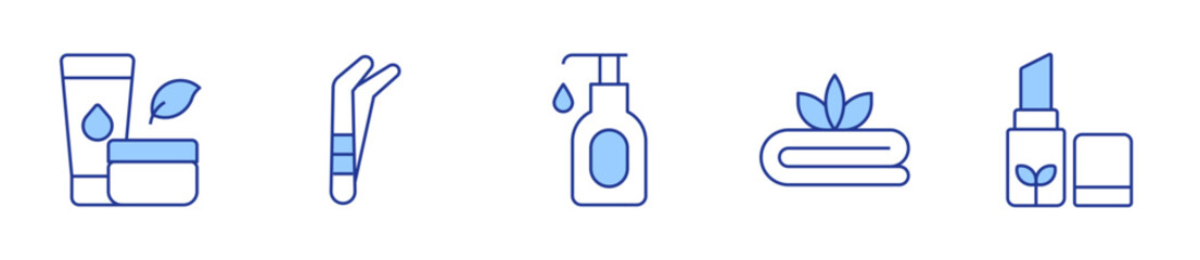 organic product, tweezers, shampoo, towel, cosmetics. Beauty Icon vector illustration. Line Duotone style. Editable stroke