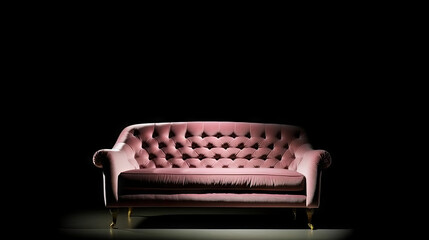 A luxurious candy pink velvet sofa with tufted backrest and brass legs