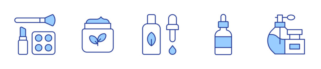 serum, perfume, make up, lotion. Beauty Icon vector illustration. Line Duotone style. Editable stroke