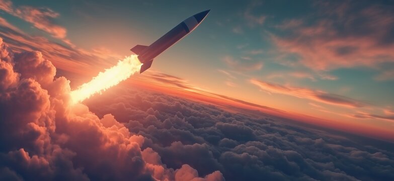 Rocket launching into the sky with vibrant clouds and sunset background, copy space for text