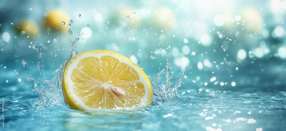 Poster fresh lemon slice splashing in water with bokeh background and vibrant colors, copy space for text