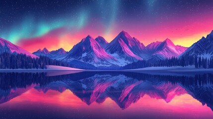 Stunning Night Landscape Featuring Snow-Capped Mountains and Vibrant Aurora Borealis Reflected in Still Waters