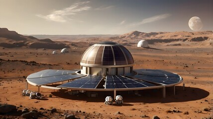 A highly advanced AI-managed planetary colony powered entirely by solar energy, where AI monitors climate conditions, distributes power efficiently, and autonomously builds solar infrastructure to sus