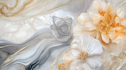 Alcohol ink with thin metallic gold or silver lines in the background, floral design patterns in muted beige, brown, gray and white.