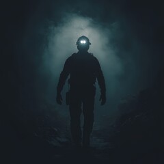 Fototapeta premium Silhouetted soldier walks dark tunnel, glowing eyes