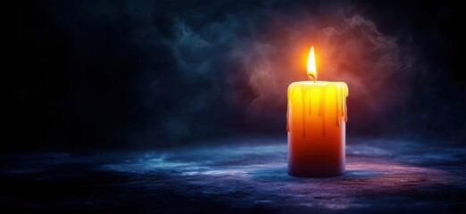 Glowing candle with melting wax in dark atmospheric setting for relaxation and ambiance, copy space for text