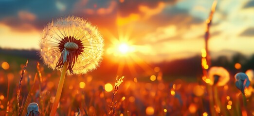 Dandelion in sunset glow with vibrant colors and soft focus background, copy space for text