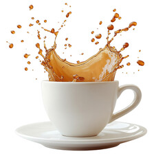 Cup with saucer with splash of coffee. Levitating