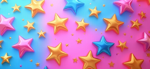 Obraz premium Colorful 3D stars in pink and blue background for festive designs and celebrations, copy space for text