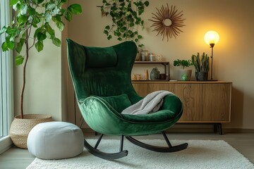 Green velvet rocking chair with black legs in cozy living room, olive wood cabinet, plant, and soft lighting for a relaxed ambiance.
