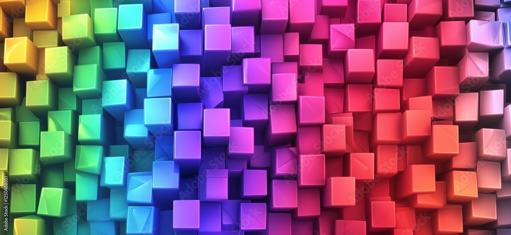 Poster colorful 3d cubes arrangement in rainbow gradient pattern, copy space for text