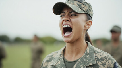 female drill sergeant is yelling commands outdoors in military setting, showcasing authority and discipline