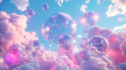 Obraz premium Magical Pink Cloudscape With Floating Bubbles
