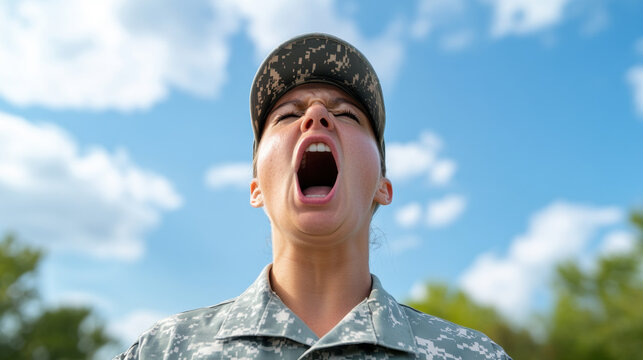 female drill sergeant passionately yells commands outdoors under blue sky - Powered by Adobe