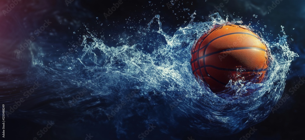 Poster basketball splashing through water creating dynamic motion and energy, copy space for text