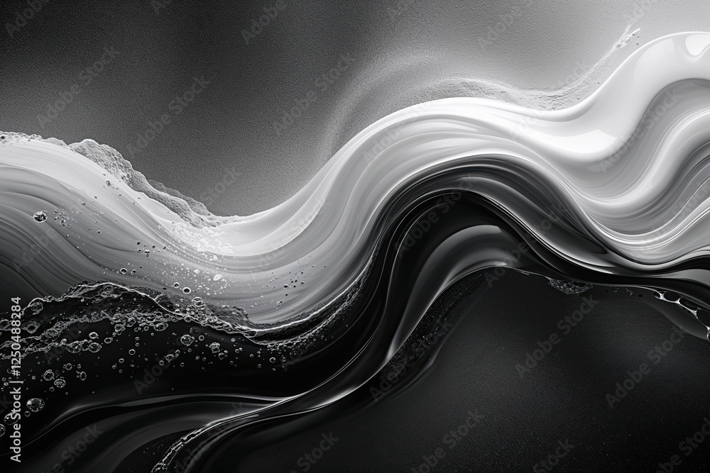 Poster black and white abstract liquid flow gradient background with grainy noise texture for contemporary 