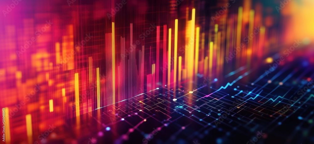 Poster colorful abstract data visualization with vibrant bars and lines representing information flow, copy