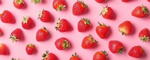 Fresh strawberries arranged on pink background for vibrant food photography, copy space for text