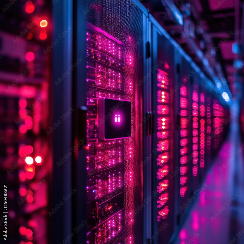 Poster illuminated server room with colorful neon lights creating a futuristic atmosphere