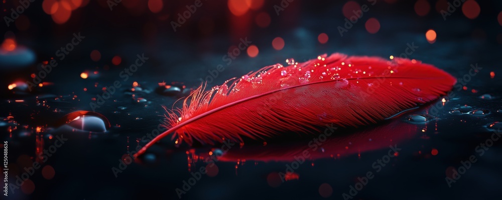 Poster red feather with water droplets on dark surface illuminated by soft bokeh lights, copy space for tex