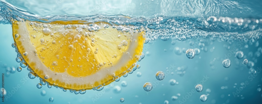 Poster lemon slice submerged in sparkling water with bubbles and blue background, copy space for text