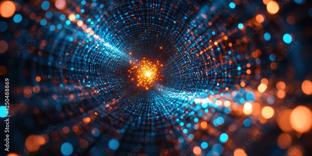 Poster vibrant background of blue and orange lights creating an abstract digital tunnel effect with glowing