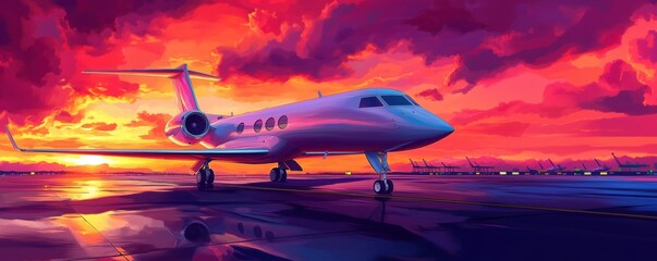 Luxury private jet at sunset with vibrant sky and airport background, copy space for text