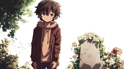 Solemn Remembrance: A young, animated figure stands beside a grave, the headstone adorned with flowers, capturing the essence of grief and remembrance, creating an atmosphere of emotional depth.