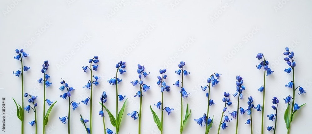 Poster minimalistic arrangement of bluebells on white background with delicate features and simple aestheti