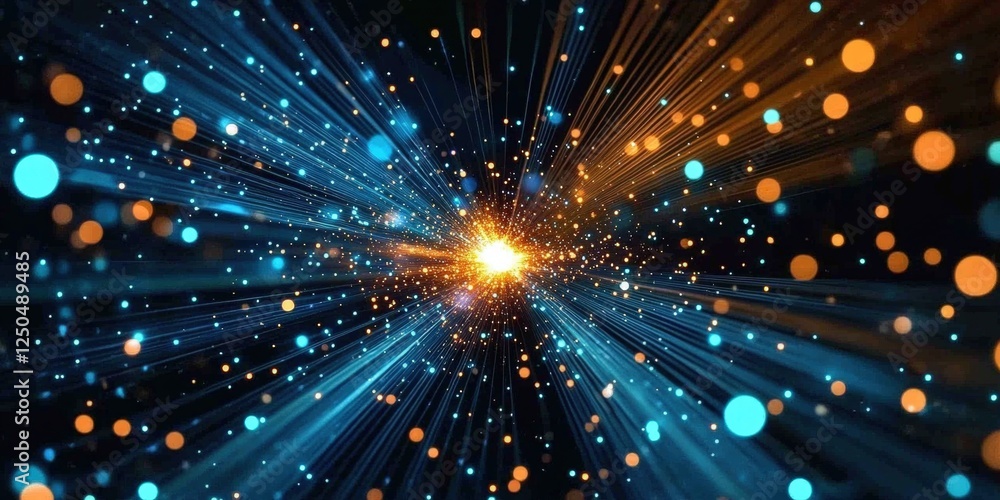 Poster explosive display of colorful lights in blue and orange against a dark background creating a stunnin