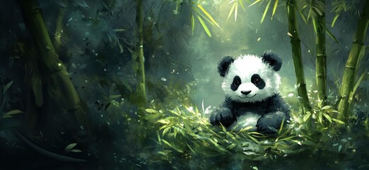 Cute baby panda sitting in lush bamboo forest surrounded by greenery and soft light, copy space for text