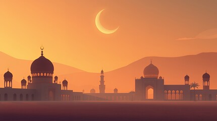 Serene Sunset over Mosque in Arabian Desert
