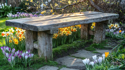 Wooden bench in spring garden with colorful crocuses and daffodils