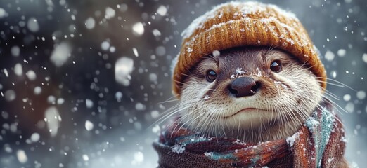 Naklejka premium Cute otter wearing knitted hat and scarf in snowy winter landscape, copy space for text