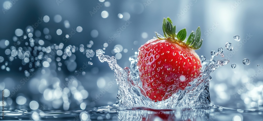Poster strawberry splashing in water with bokeh effect and sparkling drops, copy space for text