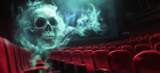 Eerie skull apparition in empty cinema with red seats and smoky atmosphere, copy space for text