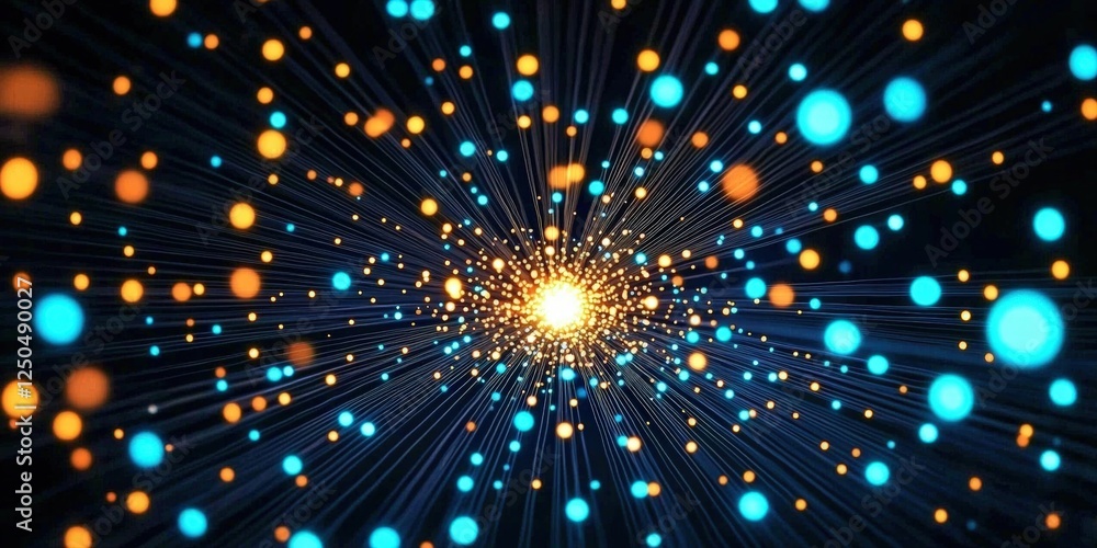 Poster vibrant blue and orange lights on a dark background creating a dynamic visual effect of energy and m